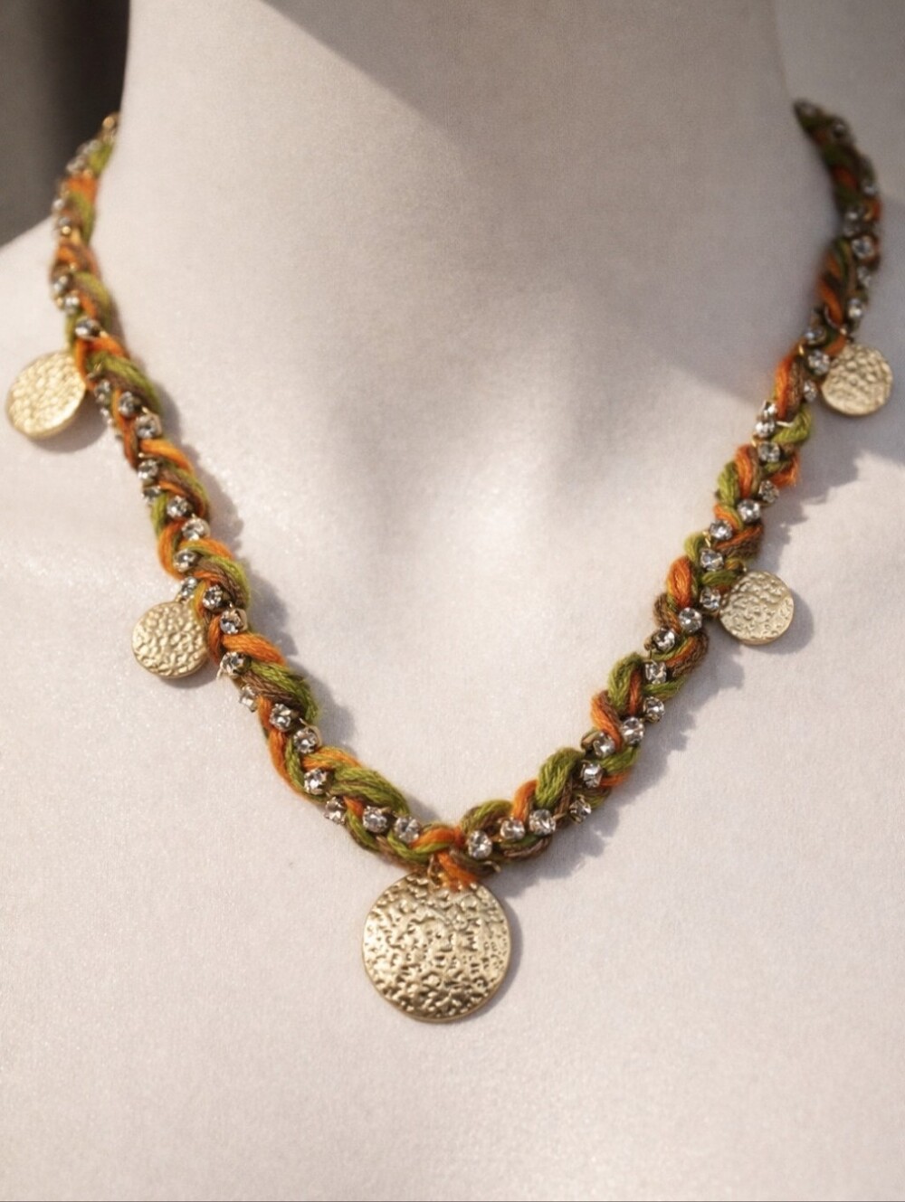 KISMET, Gold tone hammered discs and Crystal,Multicolored Ribbons Necklace